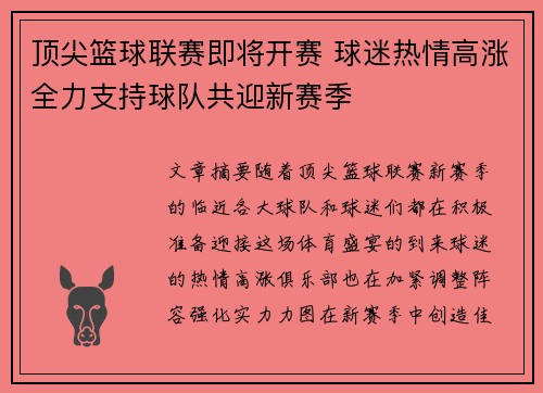 顶尖篮球联赛即将开赛 球迷热情高涨全力支持球队共迎新赛季